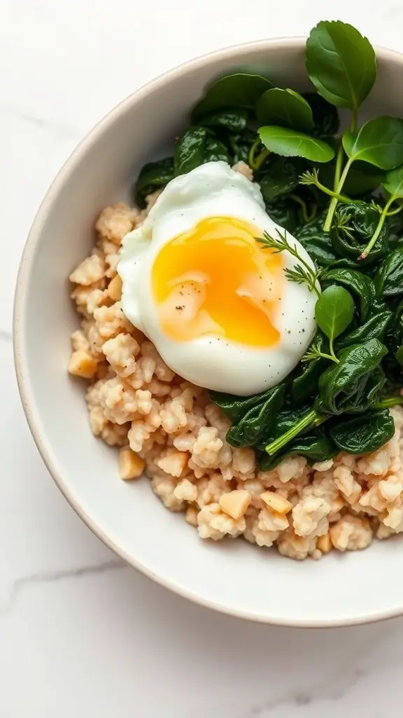 Savory oatmeal topped with spinach and a poached egg in a bowl.