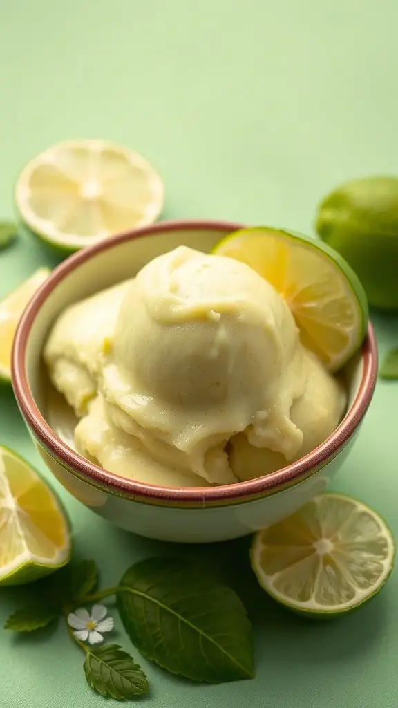 A bowl of avocado lime sorbet garnished with lime slices and fresh mint leaves.
