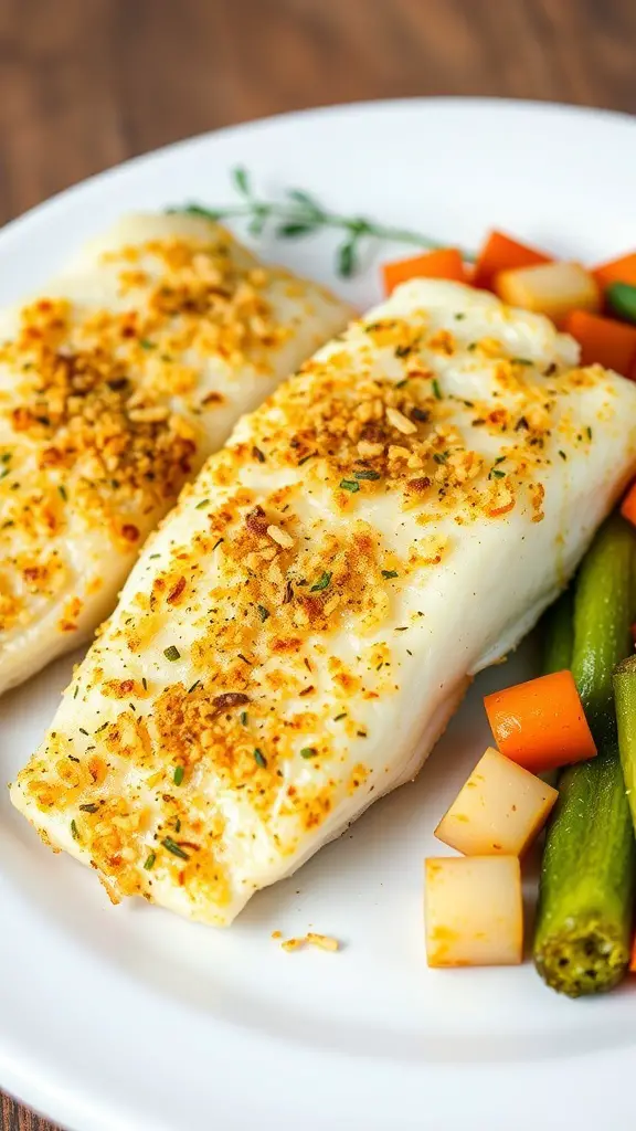 Baked tilapia fillets with a crispy Parmesan crust served with colorful vegetables.
