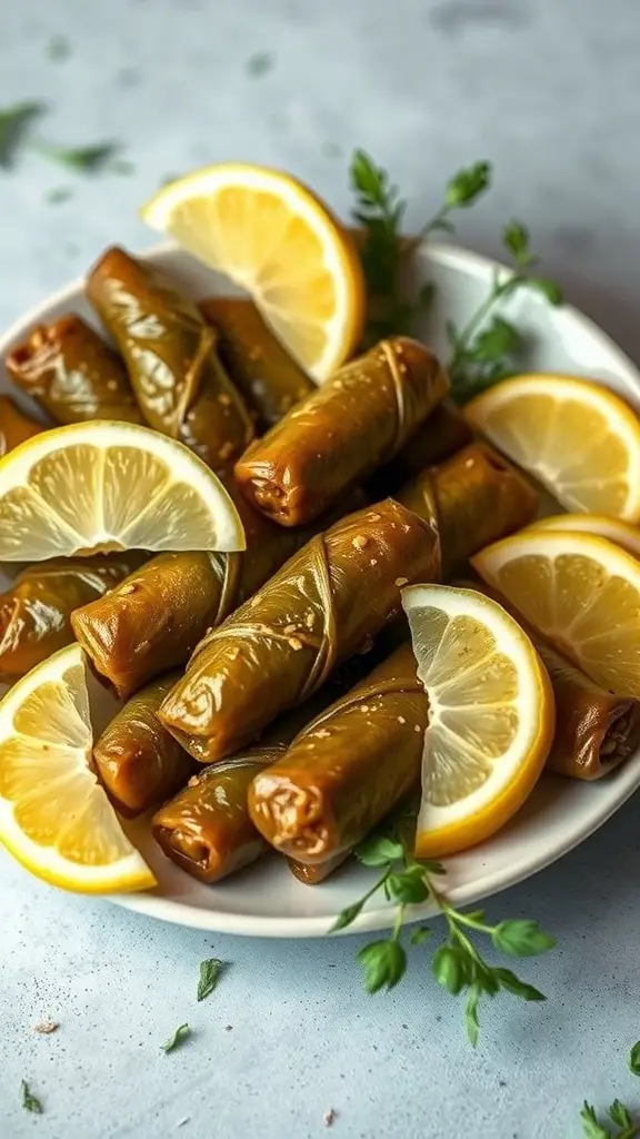 A plate of stuffed grape leaves (dolmas) garnished with lemon slices.