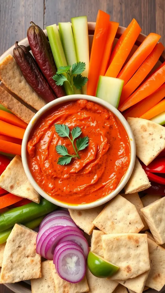 A mezze platter featuring roasted red pepper dip surrounded by colorful vegetables and pita chips.