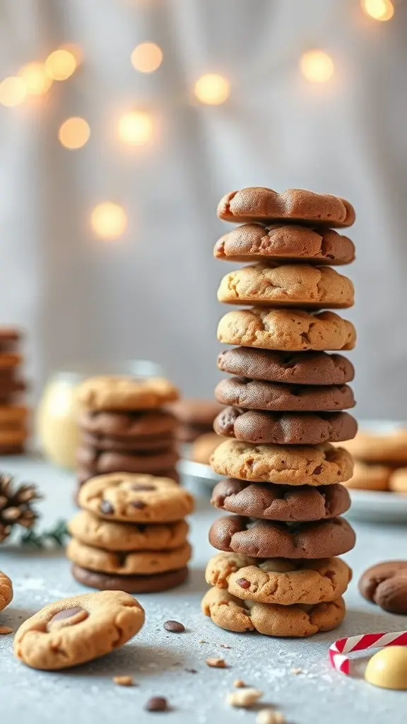 A stack of cookies forming mini towers with a soft background and festive lights.