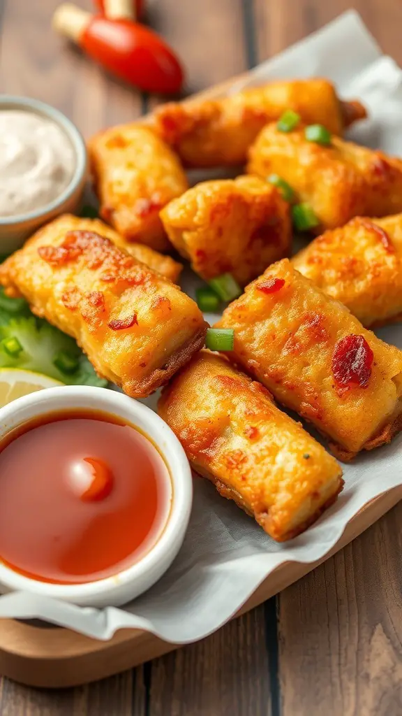 Plate of sweet and sour fried fish bites with dipping sauce and green onions