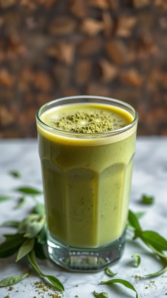 A glass of Matcha Green Tea Smoothie with a creamy texture and vibrant green color, surrounded by fresh leaves.