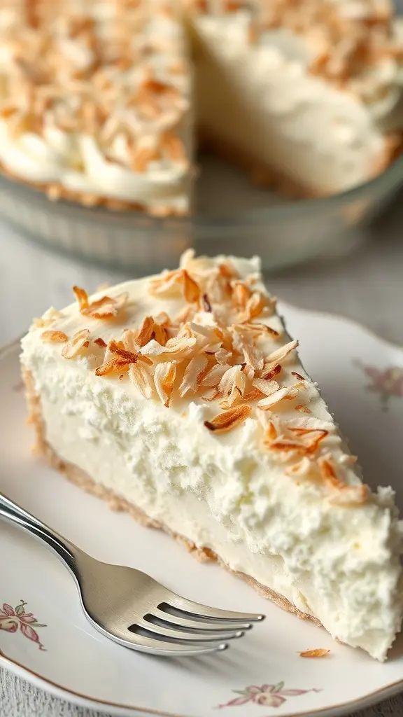 A slice of creamy coconut cream pie topped with toasted coconut flakes, served on a floral plate with a fork.