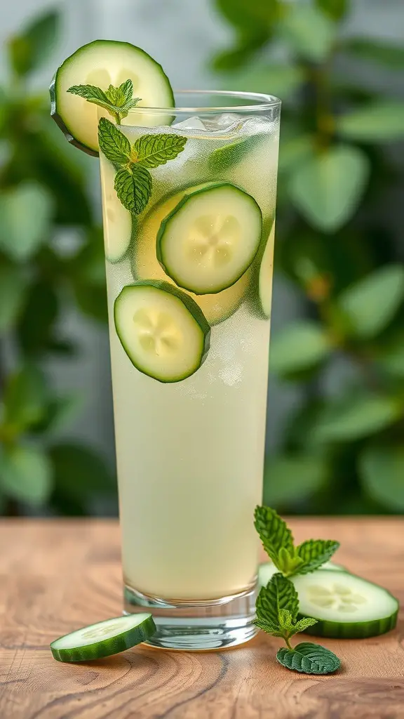 A refreshing cucumber mint drink in a tall glass, garnished with cucumber slices and mint leaves.