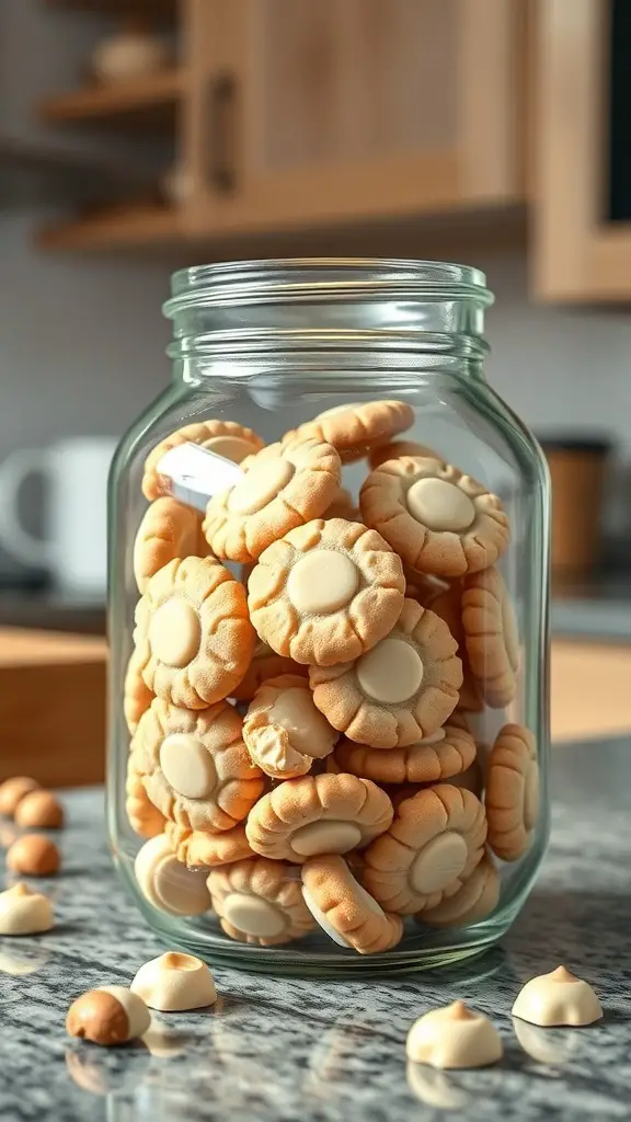 A jar filled with white chocolate macadamia nut cookies on a kitchen counter.