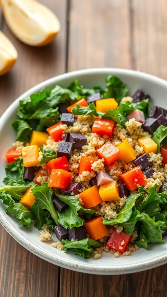 A colorful kale and quinoa salad with diced vegetables on a wooden table.