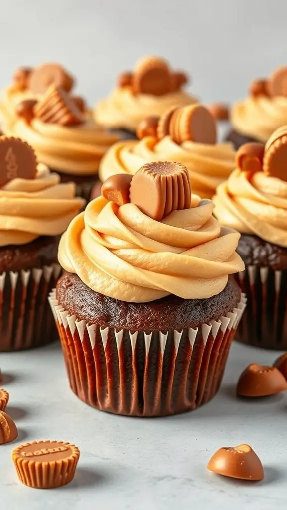 Chocolate peanut butter cupcakes with creamy frosting and mini peanut butter cups on top.