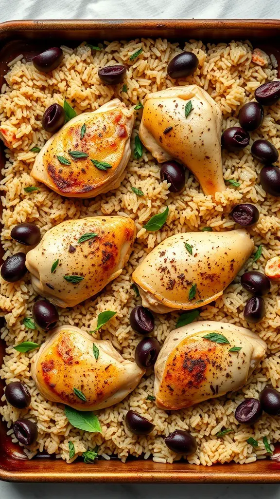 Mediterranean Chicken and Rice Bake with chicken pieces, rice, and olives