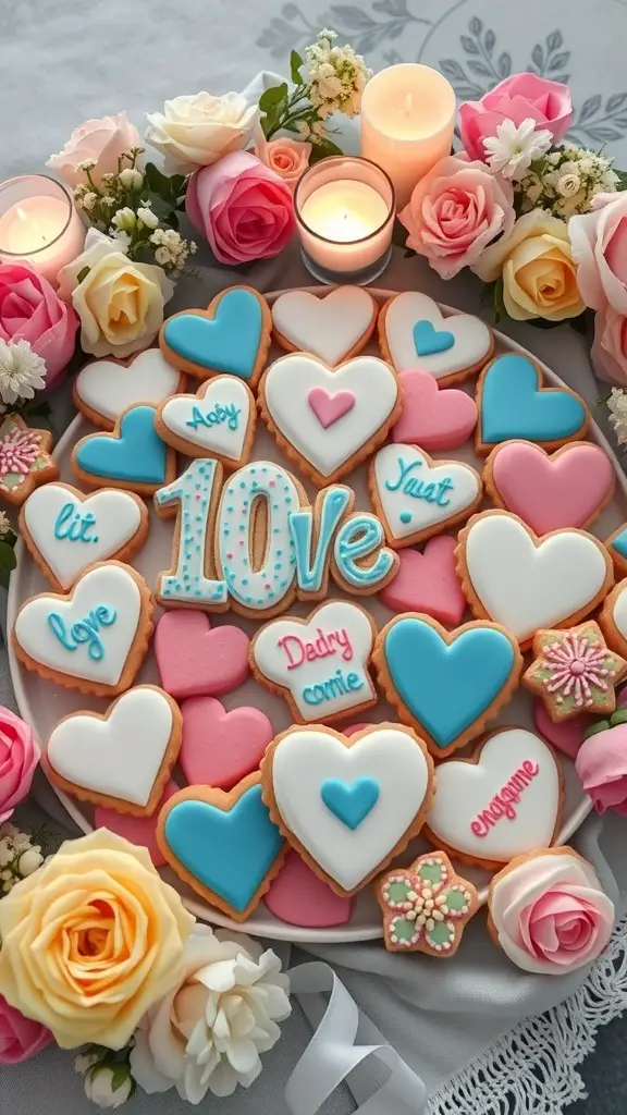 A beautifully arranged platter of engagement-themed cookies, featuring heart shapes and messages, surrounded by flowers and candles.