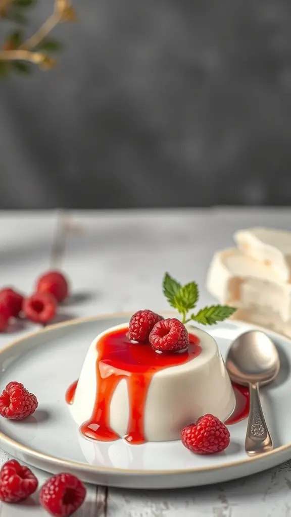 A plate of Vanilla Almond Milk Panna Cotta topped with raspberry sauce and fresh raspberries.