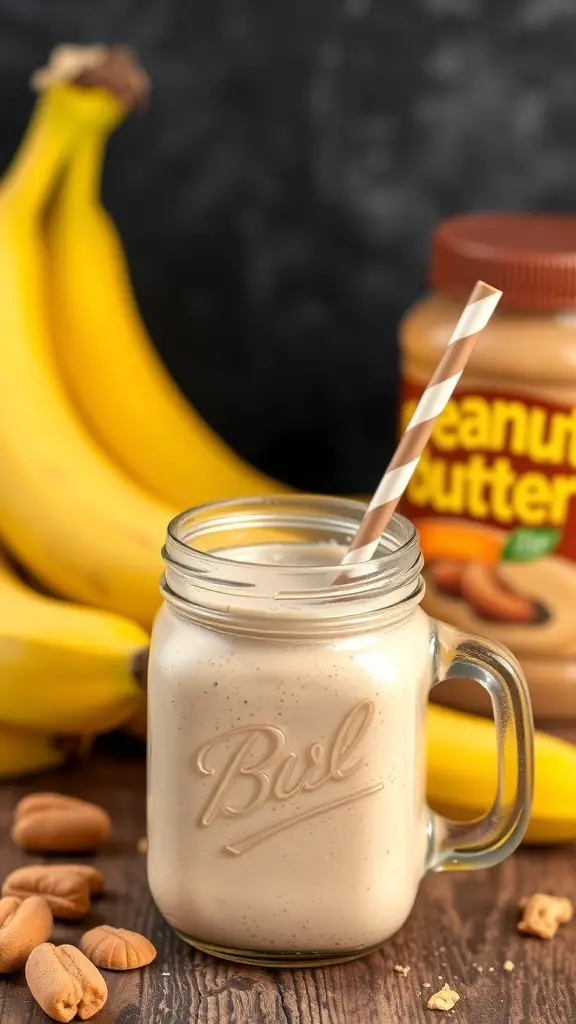 A peanut butter banana fiber shake in a mason jar with a straw, surrounded by bananas and a jar of peanut butter.