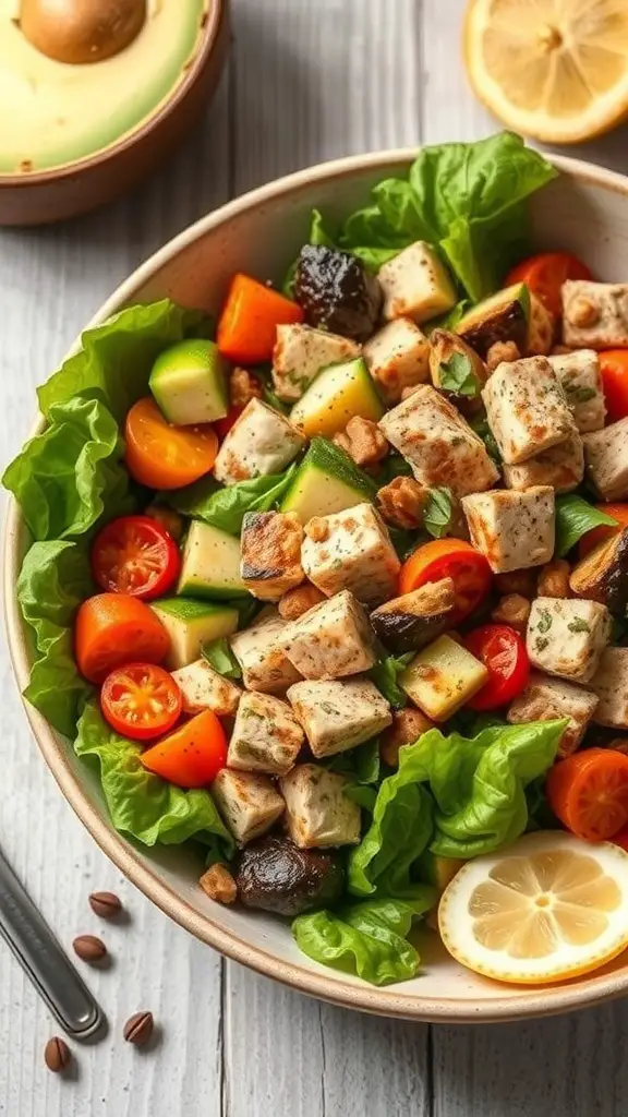 A colorful bowl of roasted vegetable and tuna salad with greens, cherry tomatoes, and lemon slices.