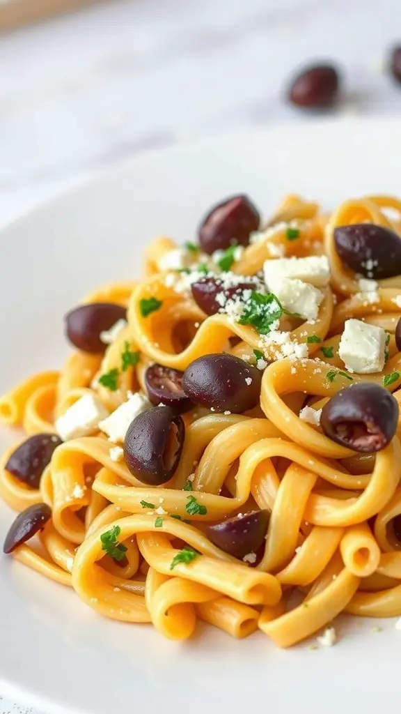 A plate of fusilli pasta topped with olives and cheese.