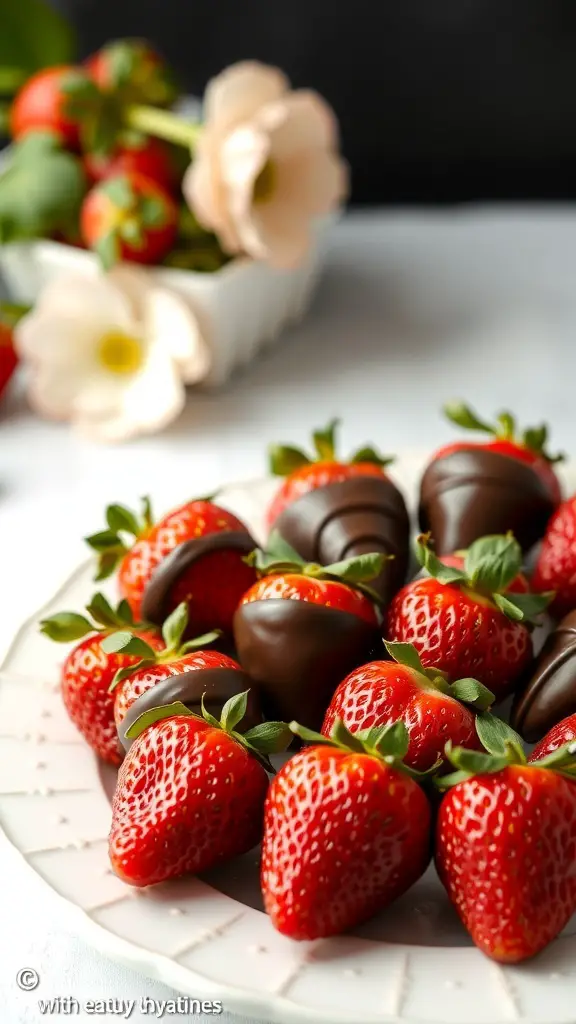 A plate of chocolate dipped strawberries with fresh strawberries and flowers in the background.
