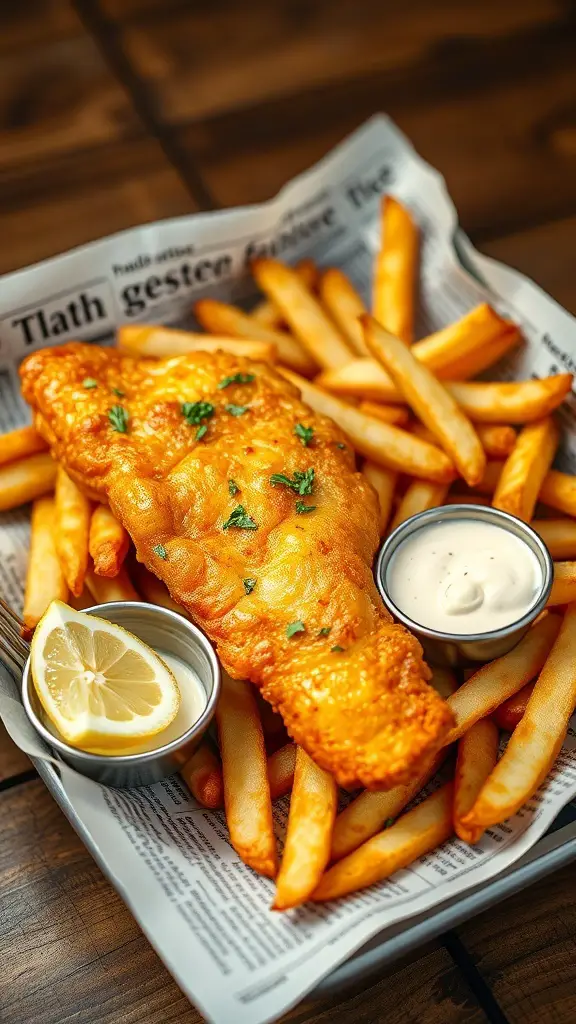 A plate of fish and chips with homemade tartare sauce, garnished with lemon.