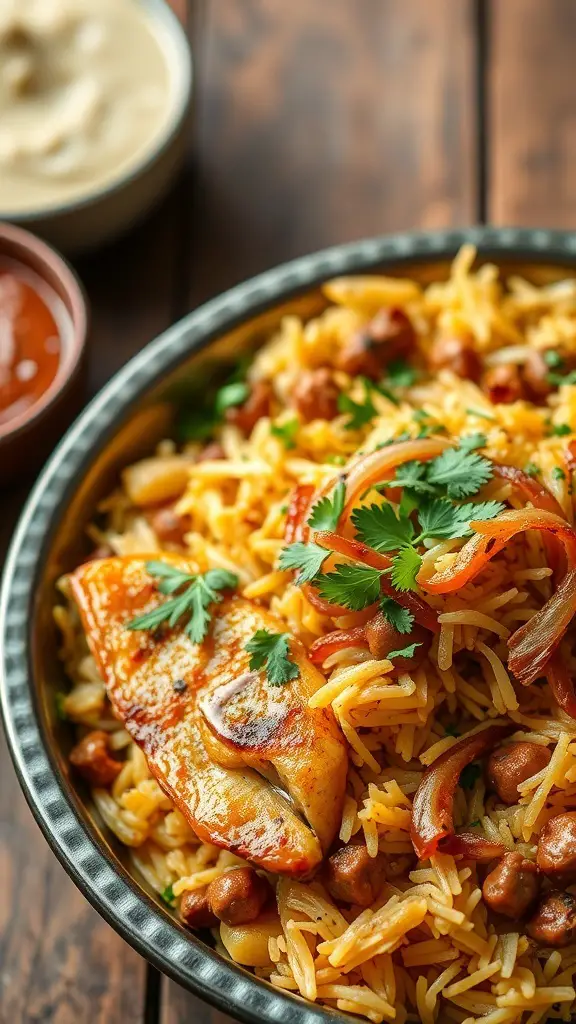 A vibrant plate of catfish biryani with spices, featuring golden rice, seared catfish, and fresh herbs.
