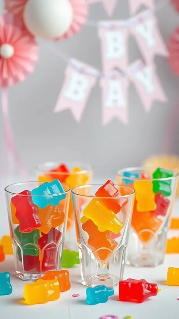 Colorful gummy bear cups on a table decorated for a baby shower