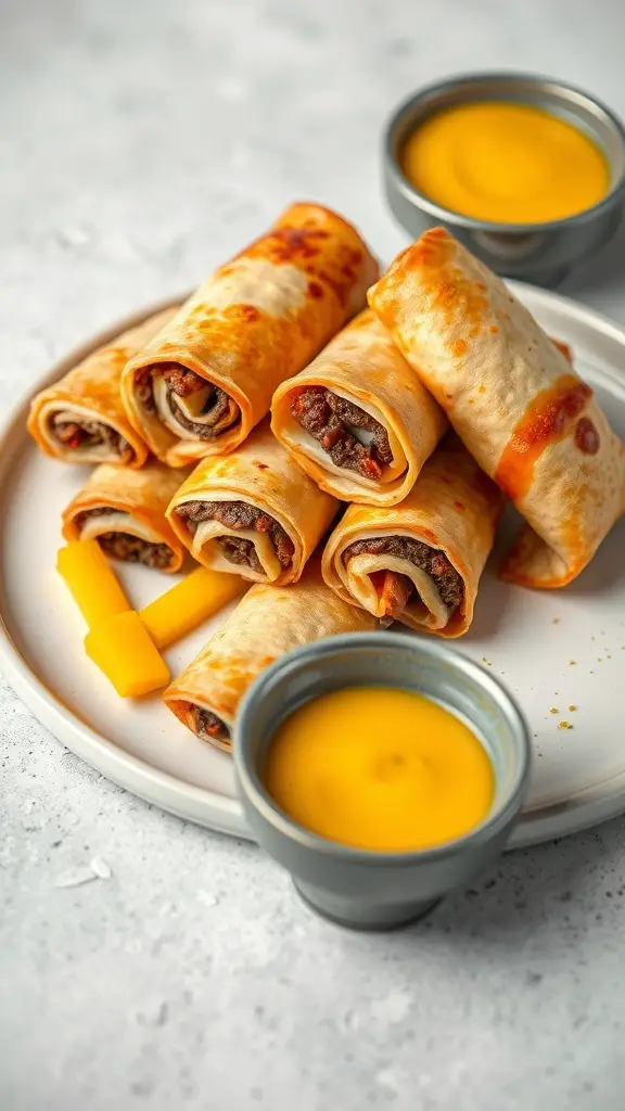 A plate of beef and cheese roll-ups with a side of dipping sauce and cheese slices.