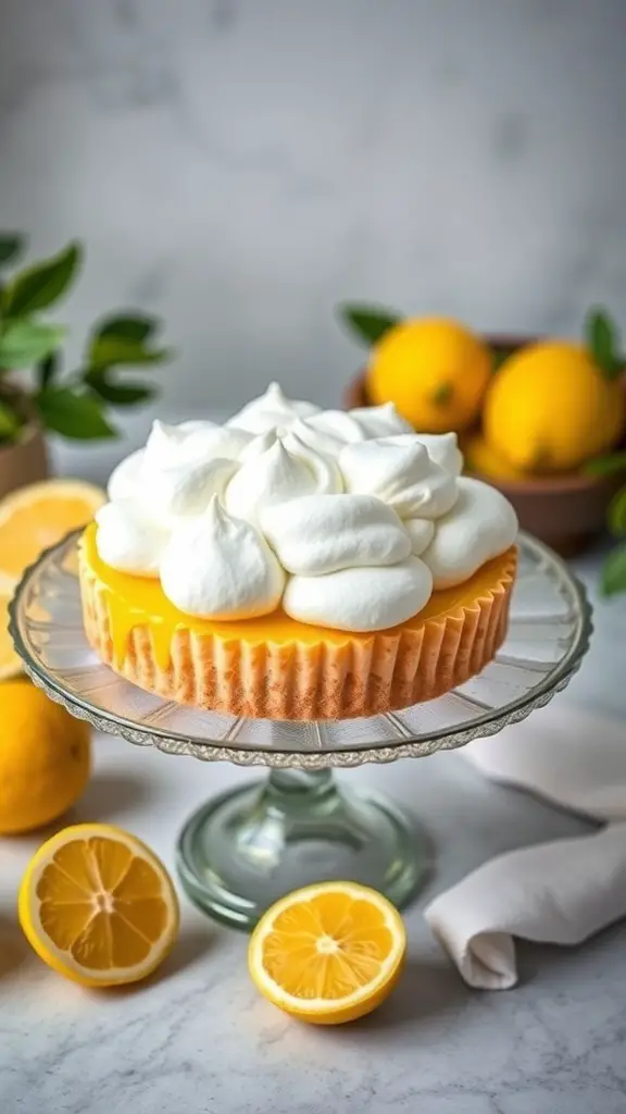 A zesty lemon tart topped with meringue, displayed on a glass cake stand with fresh lemons in the background.