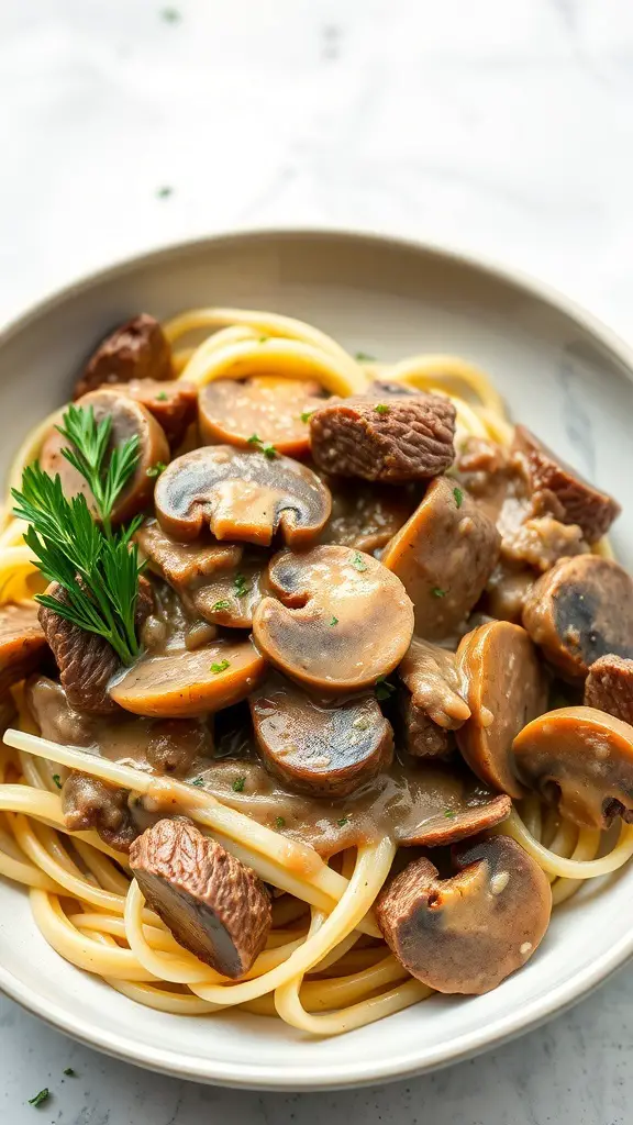 A plate of keto beef stroganoff with mushrooms and noodles