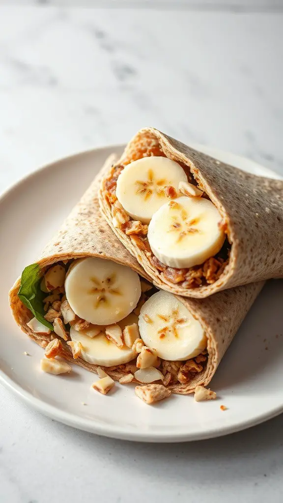 Almond butter banana wrap with sliced bananas and granola