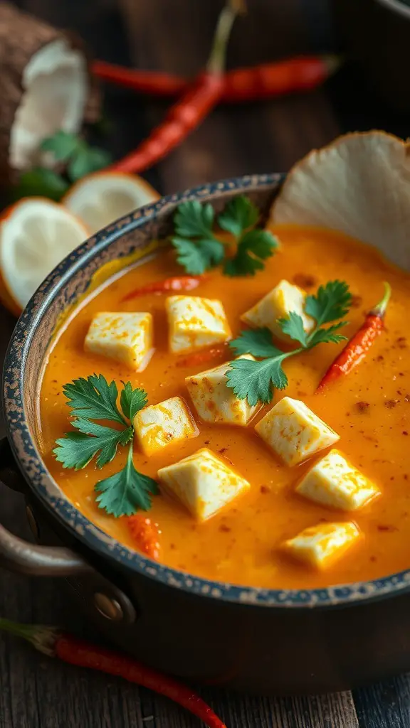 A bowl of curry tofu soup with tofu cubes, cilantro, and red chili peppers.