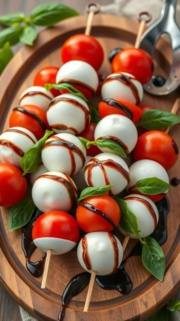 Caprese skewers with cherry tomatoes, mozzarella balls, and basil drizzled with balsamic glaze on a wooden platter.