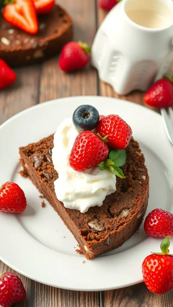 A slice of chocolate banana bread topped with whipped cream and fresh strawberries, served on a white plate.