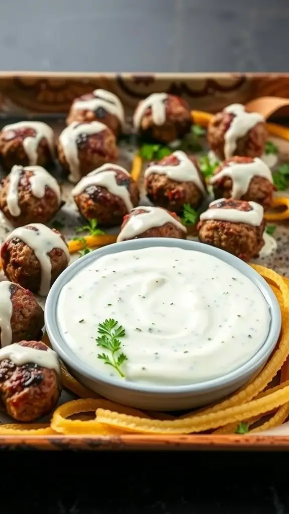 A platter of spiced lamb meatballs drizzled with tzatziki sauce, served with a side of yellow noodles and garnished with herbs.