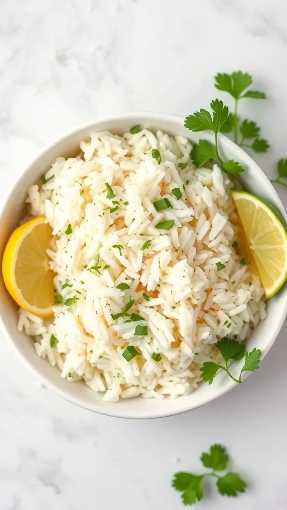 A bowl of cilantro lime rice garnished with lemon slices and fresh cilantro.