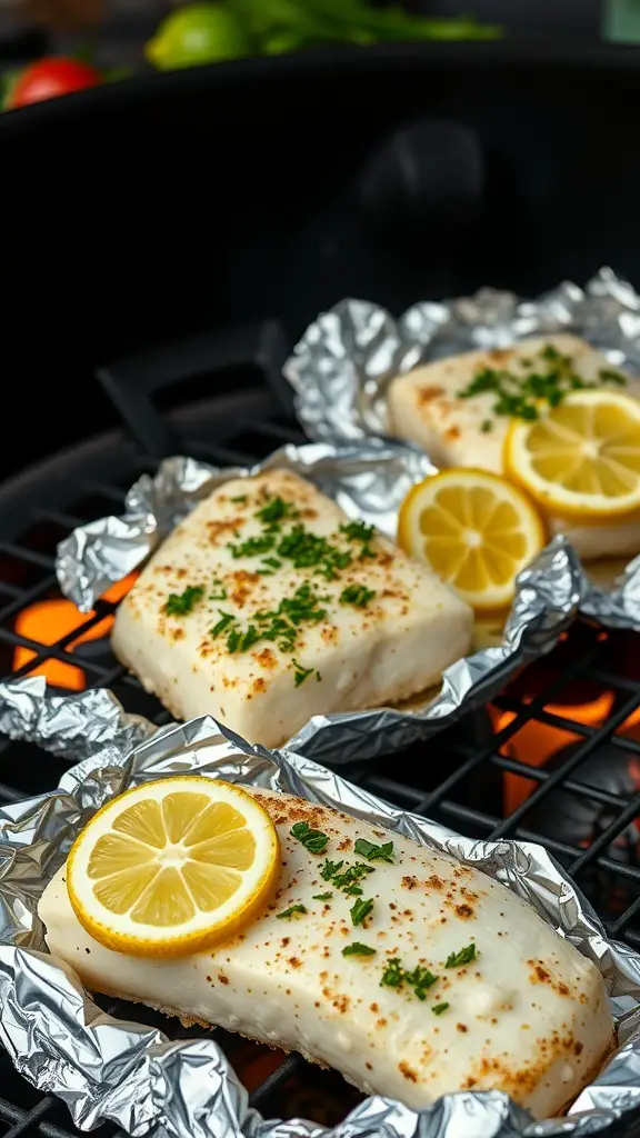 Cod fillets in foil packets with lemon slices and herbs on a grill