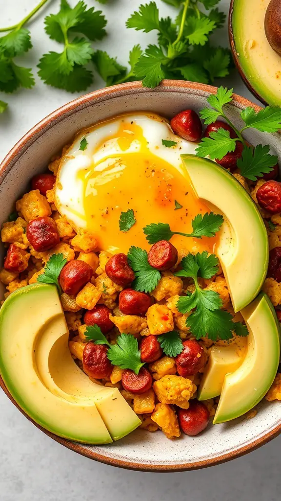 A bowl of chorizo and egg scramble topped with avocado and cilantro.