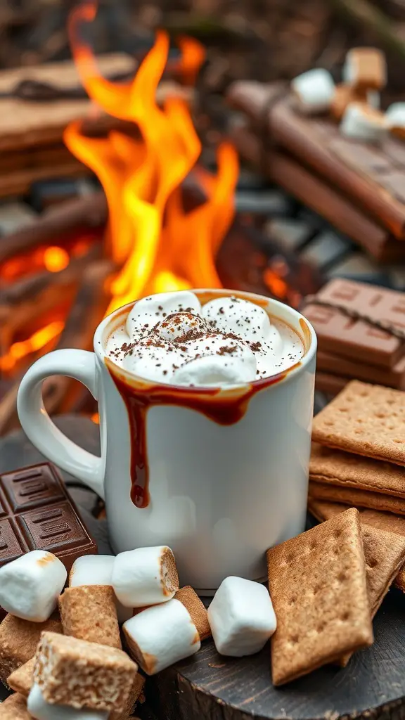 A cozy cup of s'mores hot chocolate with marshmallows, graham crackers, and chocolate, beside a warm fire.