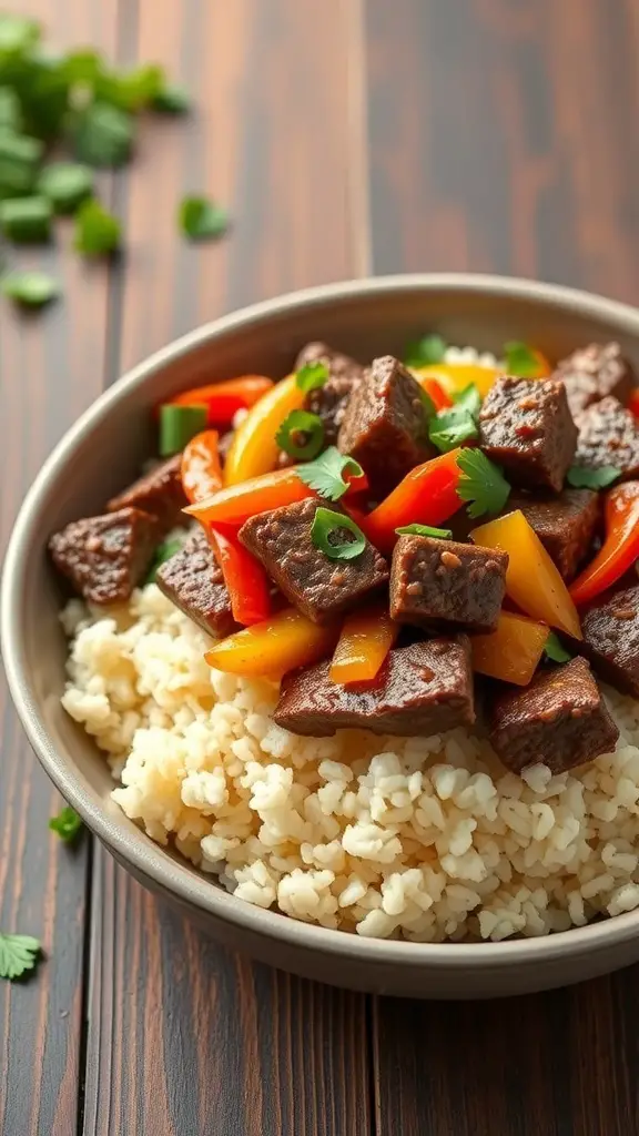 A bowl of beef stir-fry with colorful bell peppers on a bed of cauliflower rice.