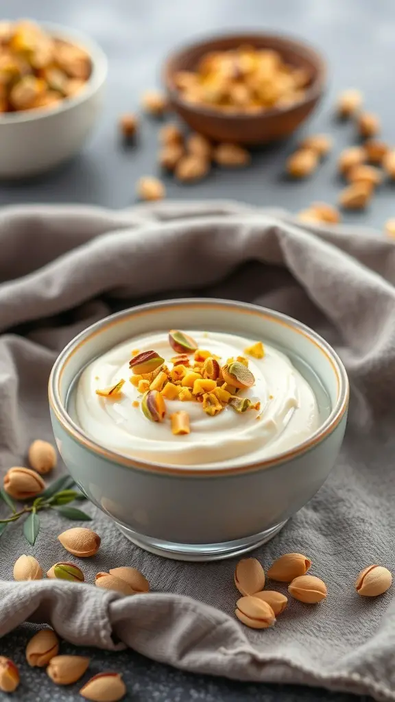 A bowl of cream cheese topped with chopped pistachios, surrounded by scattered pistachios on a soft cloth.