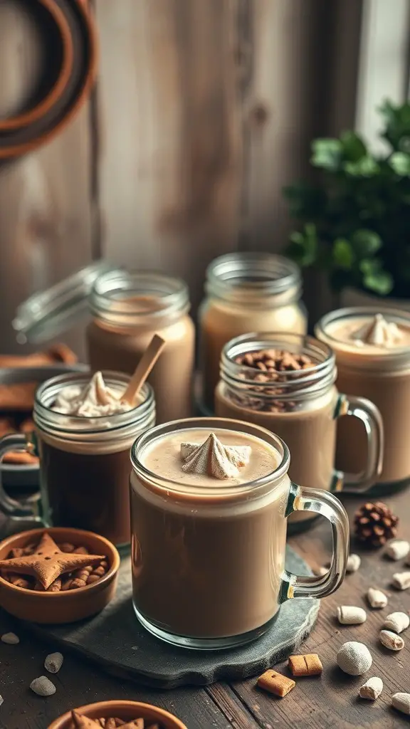 A cozy hot cocoa station featuring various gourmet cocoa mixes in jars, topped with meringue and surrounded by sweet treats.
