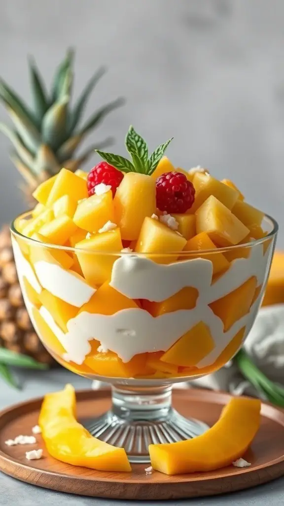 A colorful tropical fruit trifle with mango, pineapple, and raspberries topped with coconut cream.