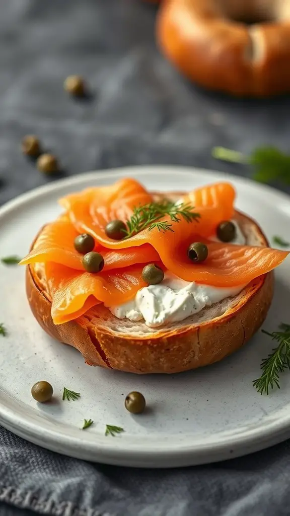 A smoked salmon and cream cheese bagel topped with capers and dill on a plate.