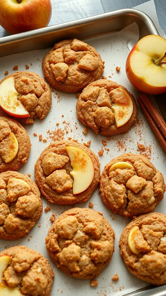 A tray of freshly baked Toffee Apple Crisp Cookies with apple slices and cinnamon.