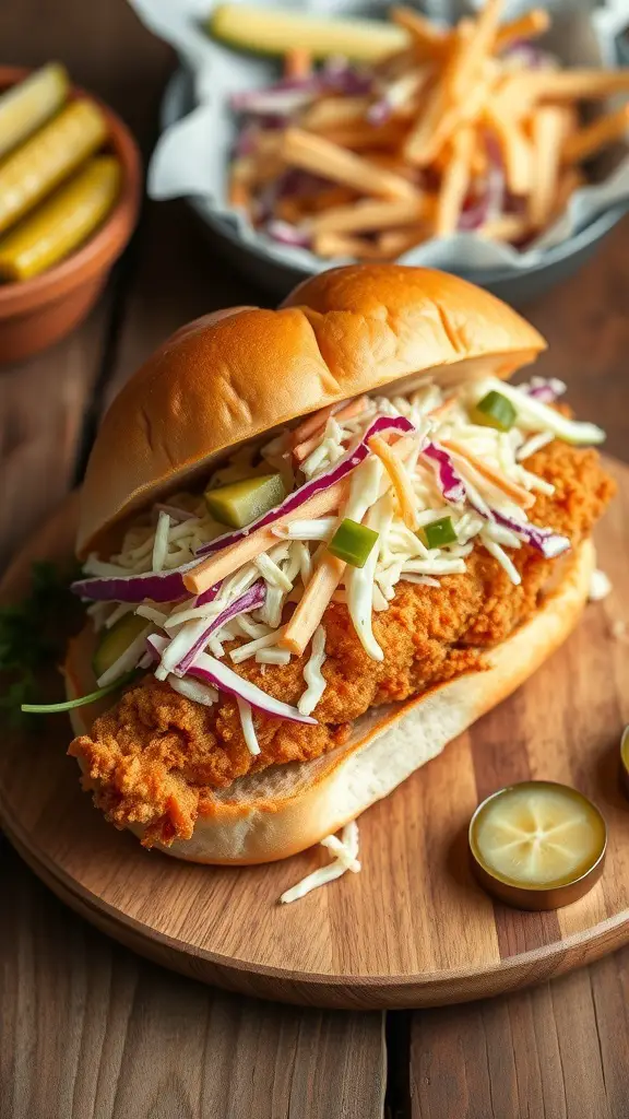 A delicious fried fish sandwich with slaw, served with pickles and lemon slices.