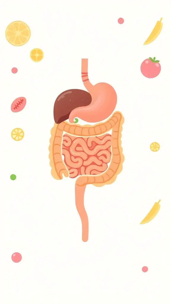 Illustration of the digestive system with fruits