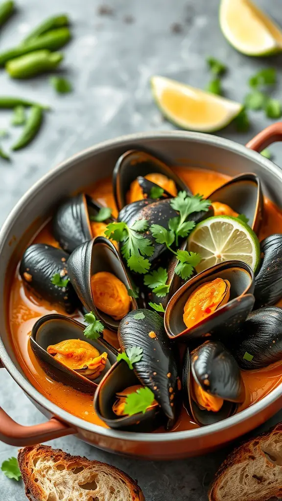 A pot of coconut curry mussels with cilantro and lime slices