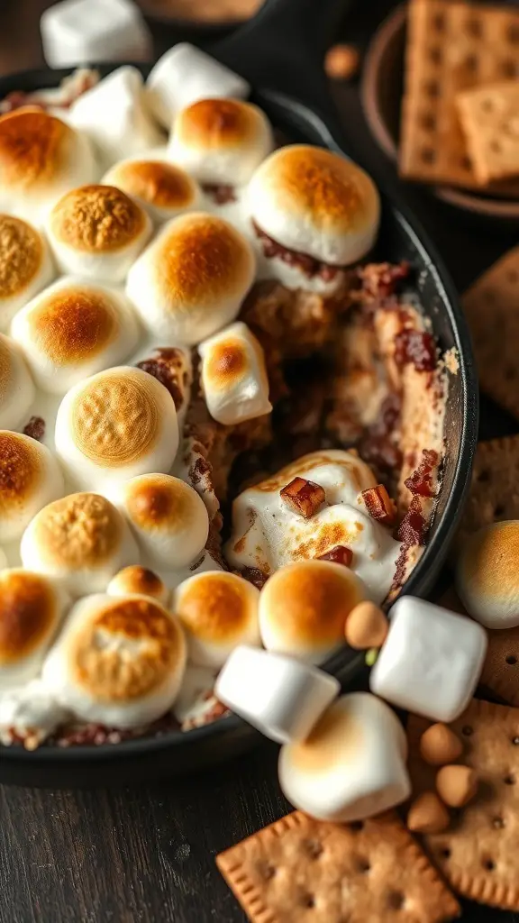 A delicious s'mores dip with toasted marshmallows on top, surrounded by graham crackers.