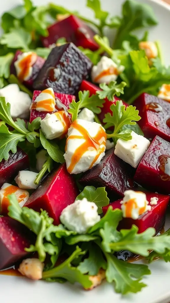 A vibrant roasted beet and goat cheese salad with arugula and balsamic glaze.