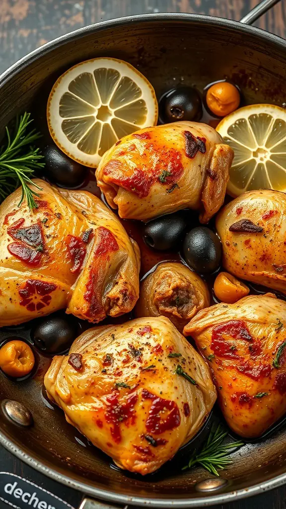 A pan of Garlic Lemon Chicken with Olives, featuring golden chicken pieces, lemon slices, and black olives.