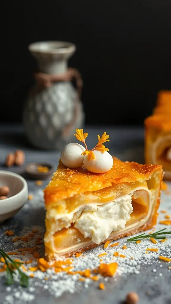 A slice of Neapolitan Easter cake, pastiera, with creamy filling and decorative toppings.