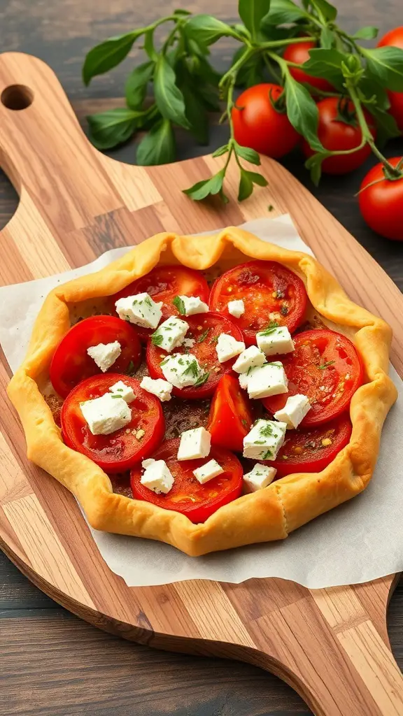 A delicious Tomato and Feta Breakfast Tart on a wooden cutting board, garnished with fresh herbs and tomatoes.