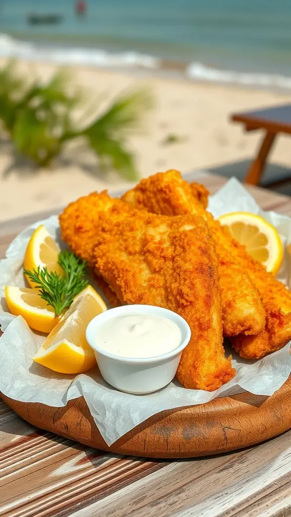 Crispy fried fish fillets served with lemon wedges and dipping sauce on a wooden platter
